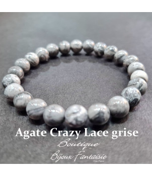 Bracelet Agate Crazy Lace Grise A Boule 8mm