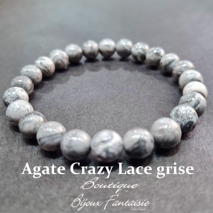 Bracelet Agate Crazy Lace Grise A Boule 8mm