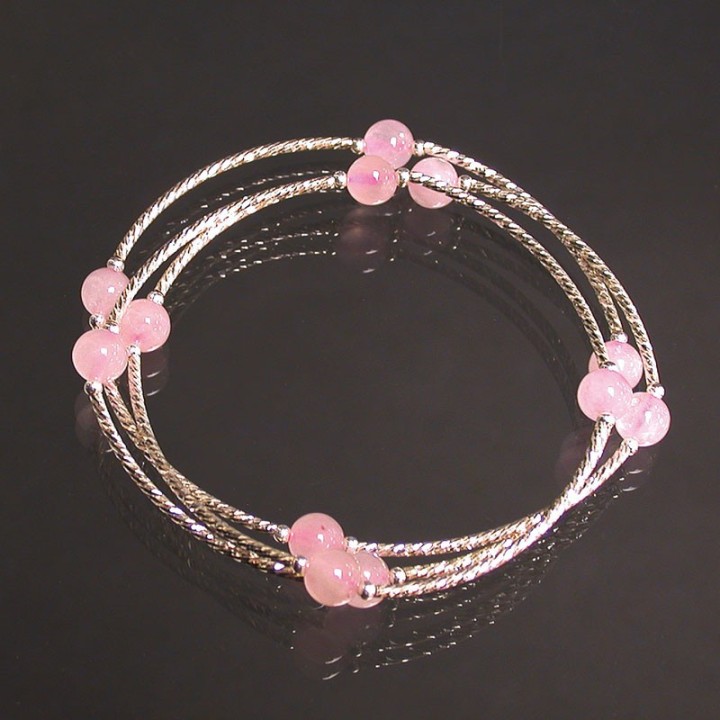 Bracelet 3 rangs Quartz Rose 6mm Argent 0.925