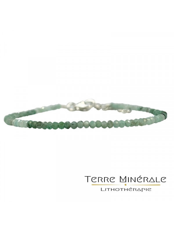 Bracelet Emeraude facetté 3.5 mm 17 cm fermoir + chaînette argent 0.925