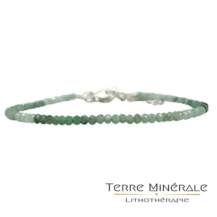 Bracelet Emeraude facetté 3.5 mm 17 cm fermoir + chaînette argent 0.925