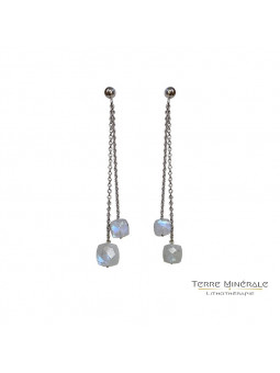 Boucles d'oreilles Pierre de Lune pendantes Chaine Argent 0.925 Rhodié