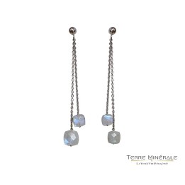 Boucles d'oreilles Pierre de Lune pendantes Chaine Argent 0.925 Rhodié