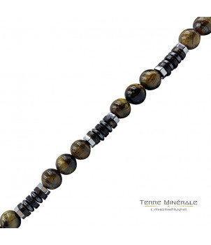 Collier Homme Oeil de tigre Hématite et bois