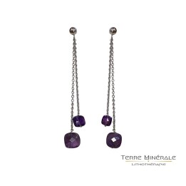 Boucles d'oreilles pendantes Labradorite - Chaine argent 0.925 rhodié