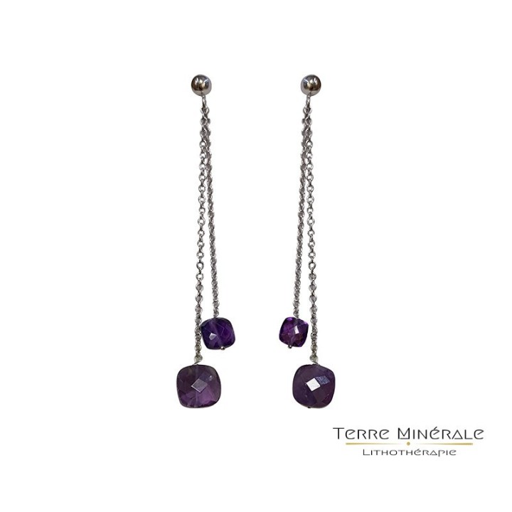 Boucles d'oreilles pendantes Labradorite - Chaine argent 0.925 rhodié