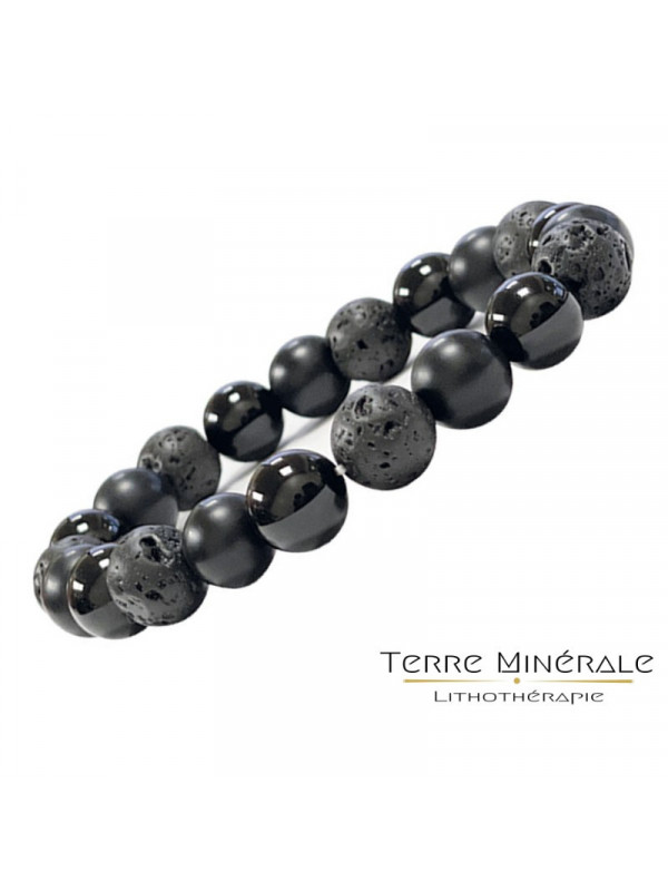 Bracelet Homme Onyx Noir, Onyx dépoli et lave 10 mm