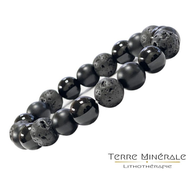 Bracelet Homme Onyx Noir, Onyx dépoli et lave 10 mm