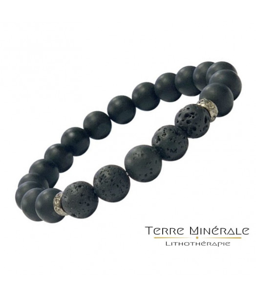 Bracelet Homme Onyx Noir dépoli et lave 10 mm