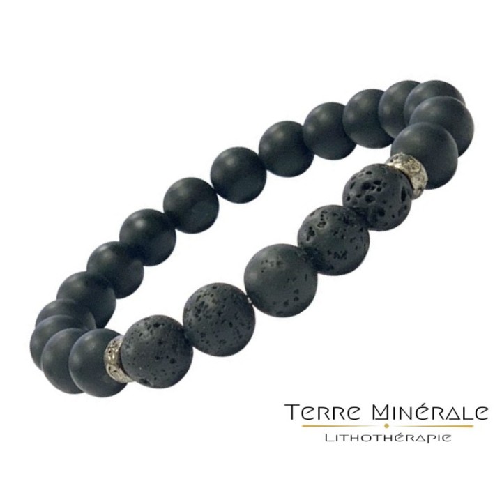 Bracelet Homme Onyx Noir dépoli et lave 10 mm